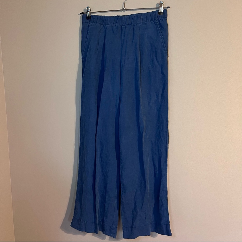 J.Crew Linen Pleated Pull On Elastic Waist Full Length Wide Leg Pant Indigo Blue - Picture 2 of 8